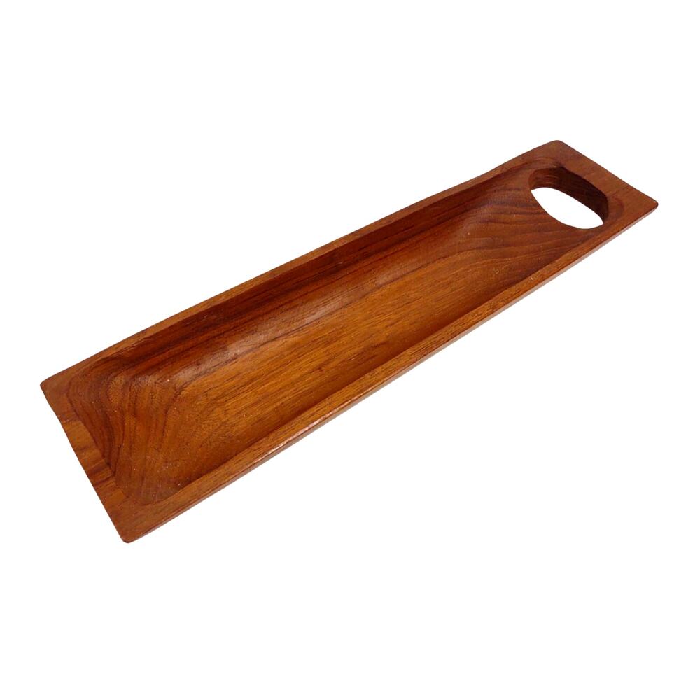 Vintage MCM Handcrafted Teak Wood Bread Canoe Handled Serving Tray Thailand 15"